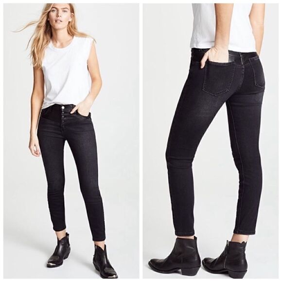 Current / Elliott The Fused High-Waist Stiletto Jeans Faux-Leather Black Size 25 - Picture 1 of 13